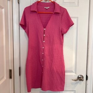 American Eagle Pink Smocked Button-Front Polo Mini Dress Short Sleeve V-Neck